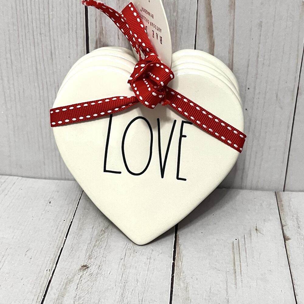 Rae Dunn "Love" Heart Shaped 4 Piece Ceramic Coaster Set NEW By Magenta